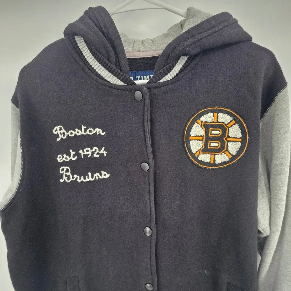 OLD TIME HOCKEY BOSTON BRUINS VARSITY JACKET YOUTH KIDS XL BLACK SNAP BUTTON NHL